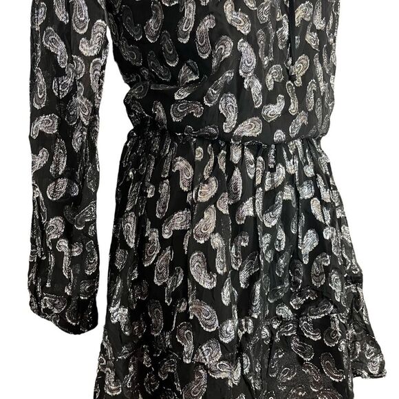 MICHAEL KORS Black Silver Paisley Long Sleeve Metallic Mini Whimsigoth Dress S - Picture 11 of 16